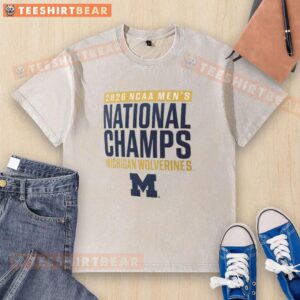 2026 Michigan Wolverines Men's Basketball National Champions washed t-shirt, featuring team colors and logo.