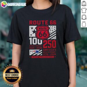 Alt Text: Original New England Patriots Route 66 Centennial Ladies Tee for 100th Anniversary 1926-2026 and 250th America Anniversary.