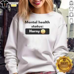 Trendy 'Pretty Mental Health Status Horney' sweatshirt in a cozy setting, perfect for casual wear and mental health awareness.