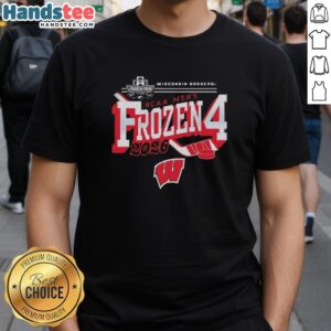 Premium Wisconsin Badgers 2026 NCAA Men's Ice Hockey Frozen Four T-Shirt featuring team logo and vibrant colors.