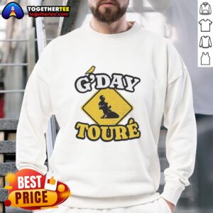 Alt Text: Vintage Norwich City G'day Toure sweatshirt showcasing the official Mo Toure design in vibrant colors.