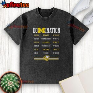 Premium Michigan Wolverines Men's Basketball Champions 2025-2026 Dominance Washed T-Shirt in navy blue.