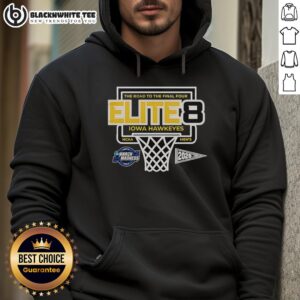 Good Iowa Hawkeyes Elite 8 hoodie celebrating NCAA Men's 2026 Final Four journey, featuring team colors and logo.