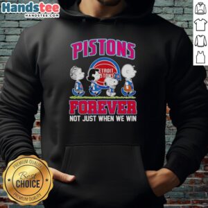 Official Peanuts Characters X Detroit Pistons hoodie featuring a 'Forever, Not Just When We Win' design.