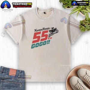 Alt Text: Top Kamen Rider 55th Gogo Biker washed t-shirt featuring vibrant graphics and comfortable fit for fans.