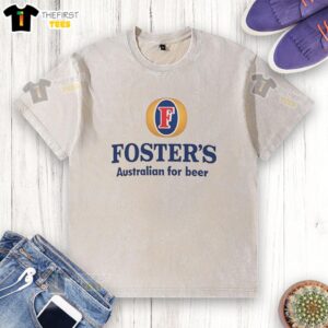 Top Fosters Australian beer washed t-shirt displayed on a hanger, showcasing its soft fabric and casual style.