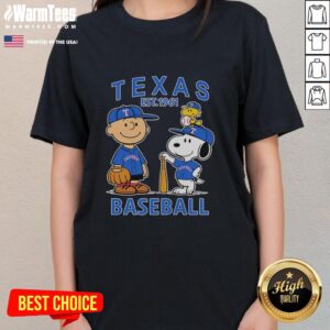 Alt Text: Charlie Brown, Snoopy, and Woodstock in Texas Rangers baseball jersey est. 1961 on a ladies tee shirt.