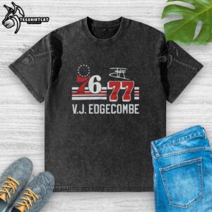 Alt Text: Top 76ers V.J. Edgecombe Signature Jersey Washed T-Shirt featuring vibrant team colors and player graphics.