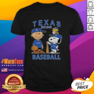 Alt Text: Charlie Brown, Snoopy, and Woodstock wearing a Texas Rangers baseball jersey, celebrating the team's legacy since 1961.