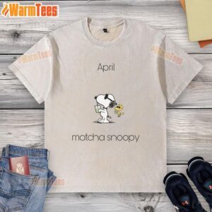 Alt Text: Cute April Matcha Snoopy and Woodstock washed t-shirt featuring vibrant colors and a playful design perfect for spring fashion.