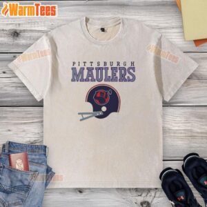 Alt Text: Original Pittsburgh Maulers USFL helmet and wordmark on a washed t-shirt, perfect for fans of vintage football apparel.