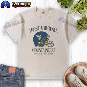 Alt Text: Premium West Virginia University Football Mountaineers 'Earn It Together' washed t-shirt for fans and supporters.