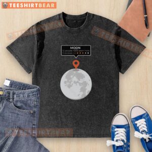 Funny washed t-shirt featuring a quirky moon location review design, perfect for casual wear and space enthusiasts.