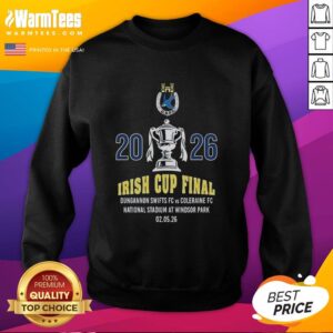 Alt Text: 2026 Good Irish Cup Final sweatshirt featuring Dungannon Swifts FC logo and vibrant team colors.