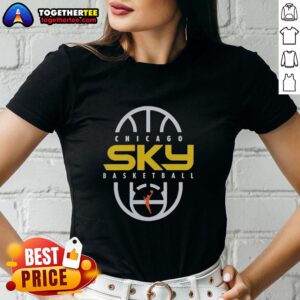 Pretty Chicago Sky Basketball 2026 ladies tee featuring authentic practice logo on court background.