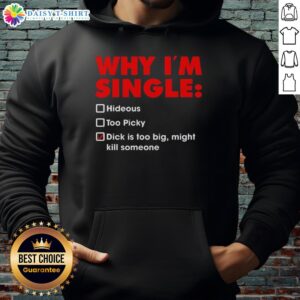 Alt Text: Funny hoodie with text 'Top Reasons I'm Single: Too Picky, Hideous, Big Dick Might Kill Someone' for humorous apparel.