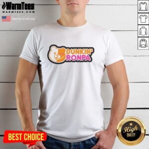 Good Dunkin Ronpa logo parody T-shirt featuring playful design combining Dunkin' and Danganronpa elements.