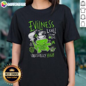 Top Baby Bowser Evilness Level Unusually High Ladies Tee featuring a playful design of Baby Bowser with vibrant colors.