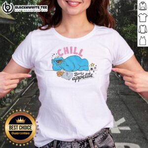 Awesome Sesame Street Cookie Monster Chill Bon Apptit Ladies Tee featuring a colorful Cookie Monster design.
