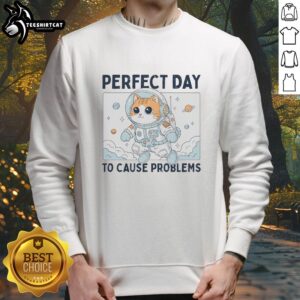 Alt Text: Astronaut cat sweatshirt featuring the phrase 'Nice Perfect Day to Cause Problems' in vibrant colors.