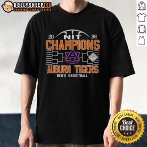 Official Auburn Tigers Men's Basketball NIT 2026 Champions T-Shirt showcasing team logo and winning design.