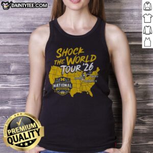 Michigan Wolverines MBB 2026 National Champions Shock The World Tour tank top featuring team colors and logo.