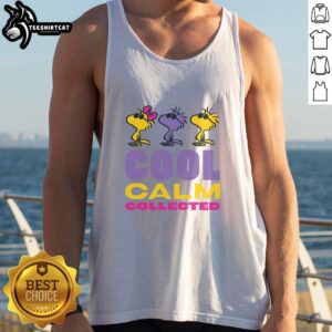 Cool Calm Collected tank top featuring Woodstock and Peanuts characters, perfect for casual summer wear.