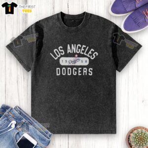Alt Text: Vintage 1958 Los Angeles Dodgers logo on a washed t-shirt, showcasing classic baseball style and team pride.