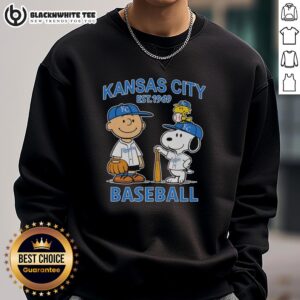 Alt Text: Good Charlie Brown, Snoopy, and Woodstock in Kansas City Royals baseball jersey est. 1969 sweatshirt design.