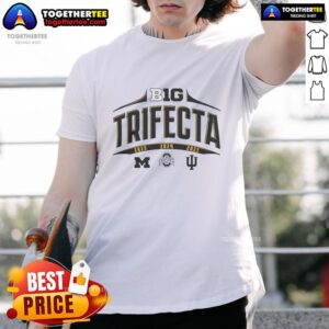 Alt Text: Top Big Ten Summit Sportswear College Football National Champions Trifecta T-Shirt featuring team logos and vibrant design.