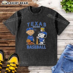 Alt Text: Good Charlie Brown, Snoopy, and Woodstock wearing Texas Rangers baseball jersey, Est. 1961 on a washed t-shirt.