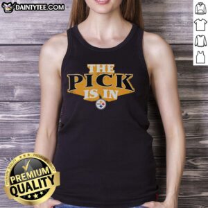 Alt Text: Woman wearing a 'Hot Pittsburgh Steelers Pick Is In' tank top, showcasing team spirit and style for football fans.