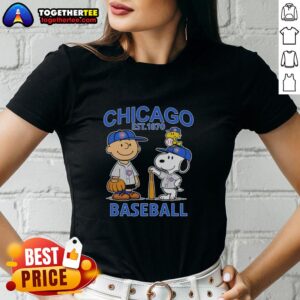 Alt Text: Charlie Brown, Snoopy, and Woodstock in Chicago Cubs baseball jerseys on a ladies tee, est. 1870.