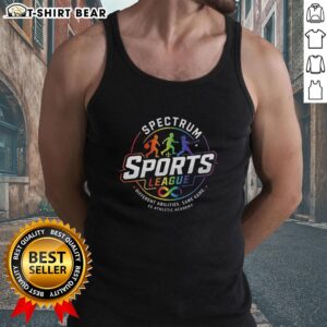 Colorful tank top from Pretty Spectrum Sports League promoting inclusivity for athletes of different abilities in the same game.