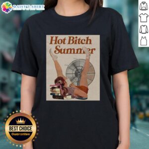 Vintage 'Hot Bitch Summer' poster design on a ladies tee, featuring bold graphics and vibrant colors perfect for summer.