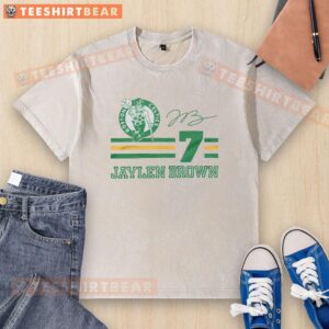 Alt Text: Jaylen Brown signature jersey washed t-shirt showcasing vibrant Celtics colors and design for fans and collectors.