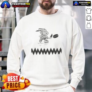 Alt Text: Snoopy dog hockey player graphic sweatshirt featuring vibrant colors and playful design, perfect for sports fans.