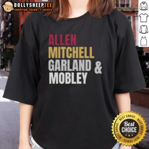 Alt Text: Cleveland Cavaliers basketball starting four - Allen, Mitchell, Garland, Mobley - featured on a ladies' tee shirt.