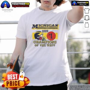 Vintage 1989 Michigan Wolverines NCAA Champions of the West T-Shirt showcasing iconic team colors and logo.