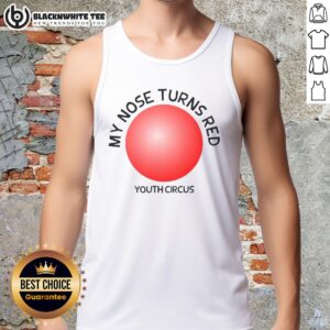 Alt Text: Original My Nose Turns Red Youth Circus Tank Top featuring vibrant circus graphics for kids' summer style.