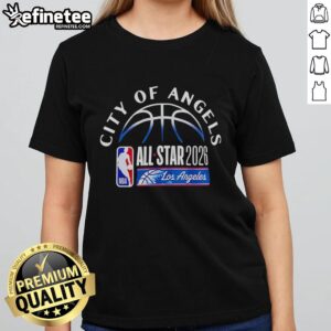 Alt Text: Official Los Angeles Clippers City of Angels All-Star 2026 ladies tee featuring vibrant team colors and logo.
