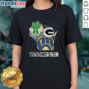 Premium Wisconsin sports teams graphic transfer on a stylish ladies tee, perfect for fans and casual wear.