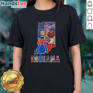Official Indiana Sports Teams Graphic Transfer State Ladies Tee showcasing vibrant team logos and stylish design.