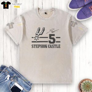 Alt Text: Top Stephon Castle San Antonio Spurs signature name and number washed t-shirt displayed on a hanger.