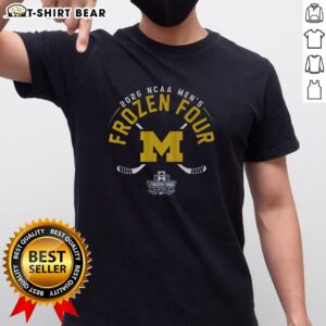Michigan Men's Hockey 2026 Frozen Four T-Shirt featuring Notre Dame Fighting Irish Leprechaun design.