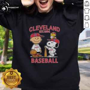 Good Charlie Brown, Snoopy, and Woodstock wearing Cleveland Guardians baseball jersey Est. 1896 sweatshirt.