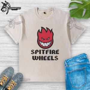 Alt Text: Original Spitfire Wheels logo on a washed t-shirt, featuring a vintage design perfect for skate enthusiasts.