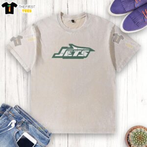 Original New York Jets Rivet Logo Washed T-Shirt featuring a distressed logo design, perfect for NFL fans.