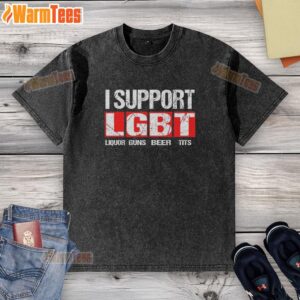 Official I Support LGBT Liberty Guns Beer Tits lettered washed t-shirt in vibrant colors, perfect for casual wear.