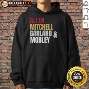 Nice Cleveland Cavaliers Basketball Starting Four hoodie featuring Allen, Mitchell, Garland, and Mobley in vibrant design.